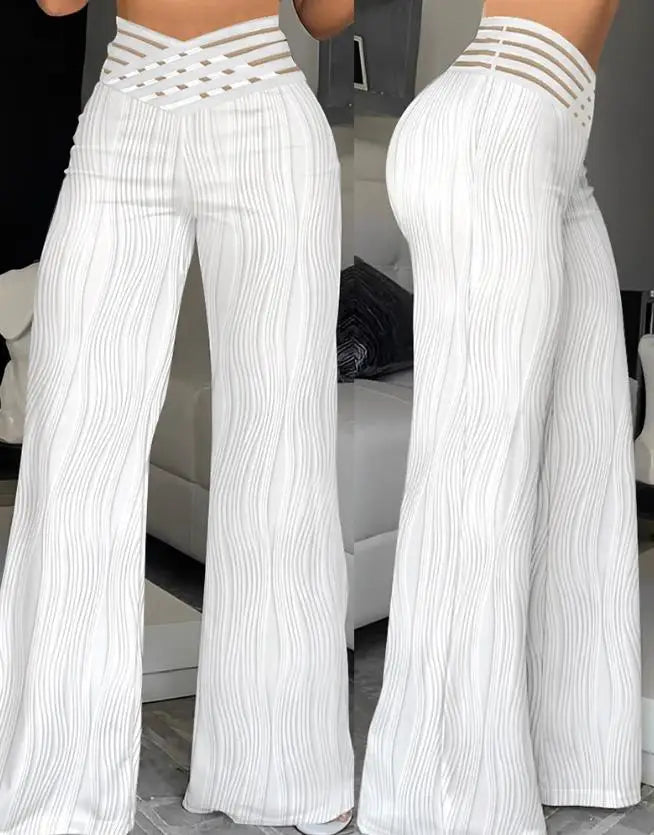 Fashion Office Ladies Trousers Elegant Crisscross Sheer Mesh Patch Casual High Waist Flared Pants for Women Clothes 2023 Summer