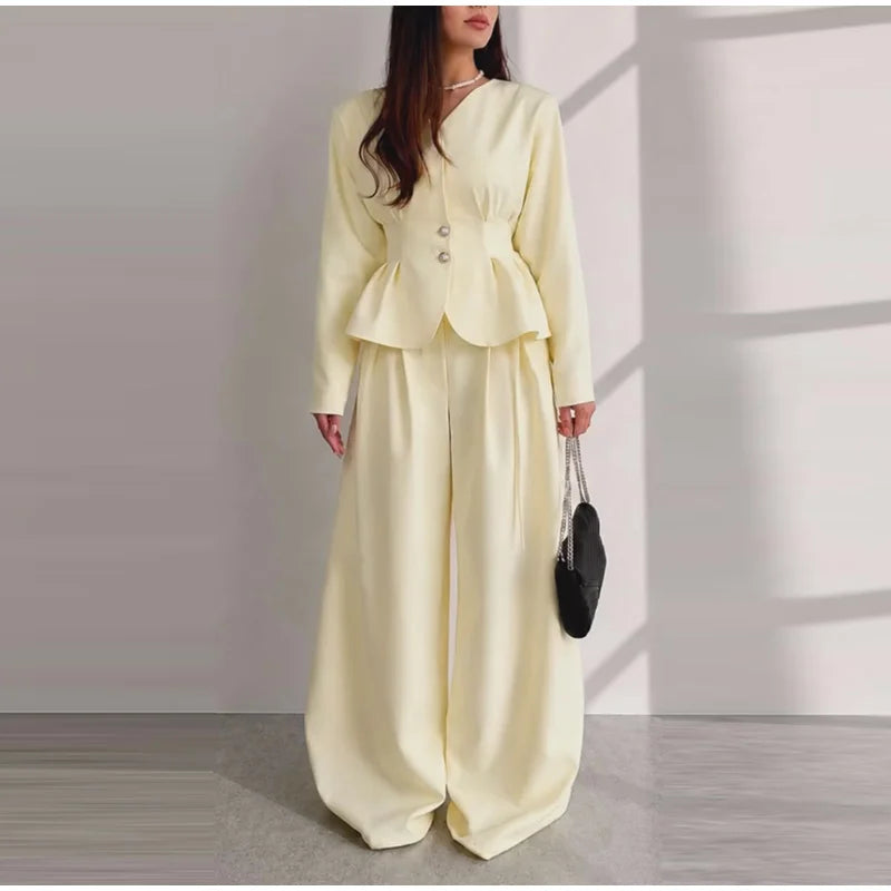 Solid Yellow Pant 2 Piece Set Women's Full Sleeves Buttons Waist-cinching Coats Wide-leg Trousers 2026 New Ladies Autumn Outfit