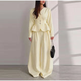 Solid Yellow Pant 2 Piece Set Women's Full Sleeves Buttons Waist-cinching Coats Wide-leg Trousers 2026 New Ladies Autumn Outfit