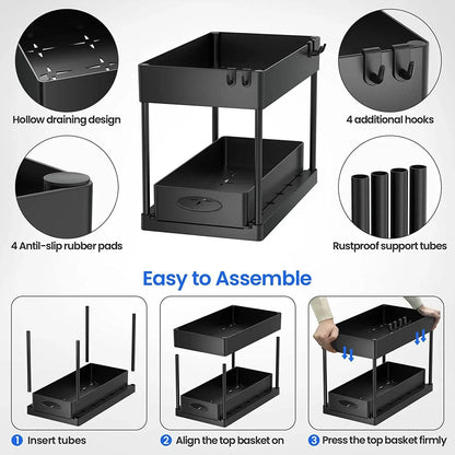 2 Tier Under Sink Organizer Sliding Cabinet Basket Organizer Storage Rack with Hooks Hanging Cup Bathroom Kitchen Organizer