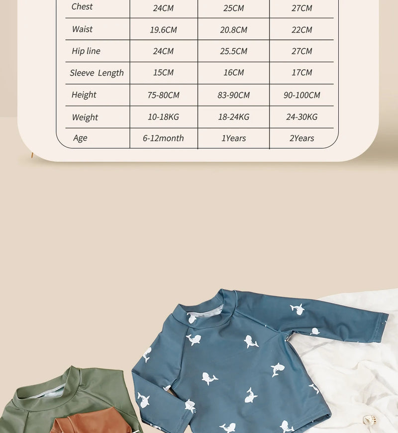 Summer Baby-Boys Toddler Long Sleeved Rashguard Swim Bathing Suit Set Long Sleeve Round Collar Sunscreen Swimsuit