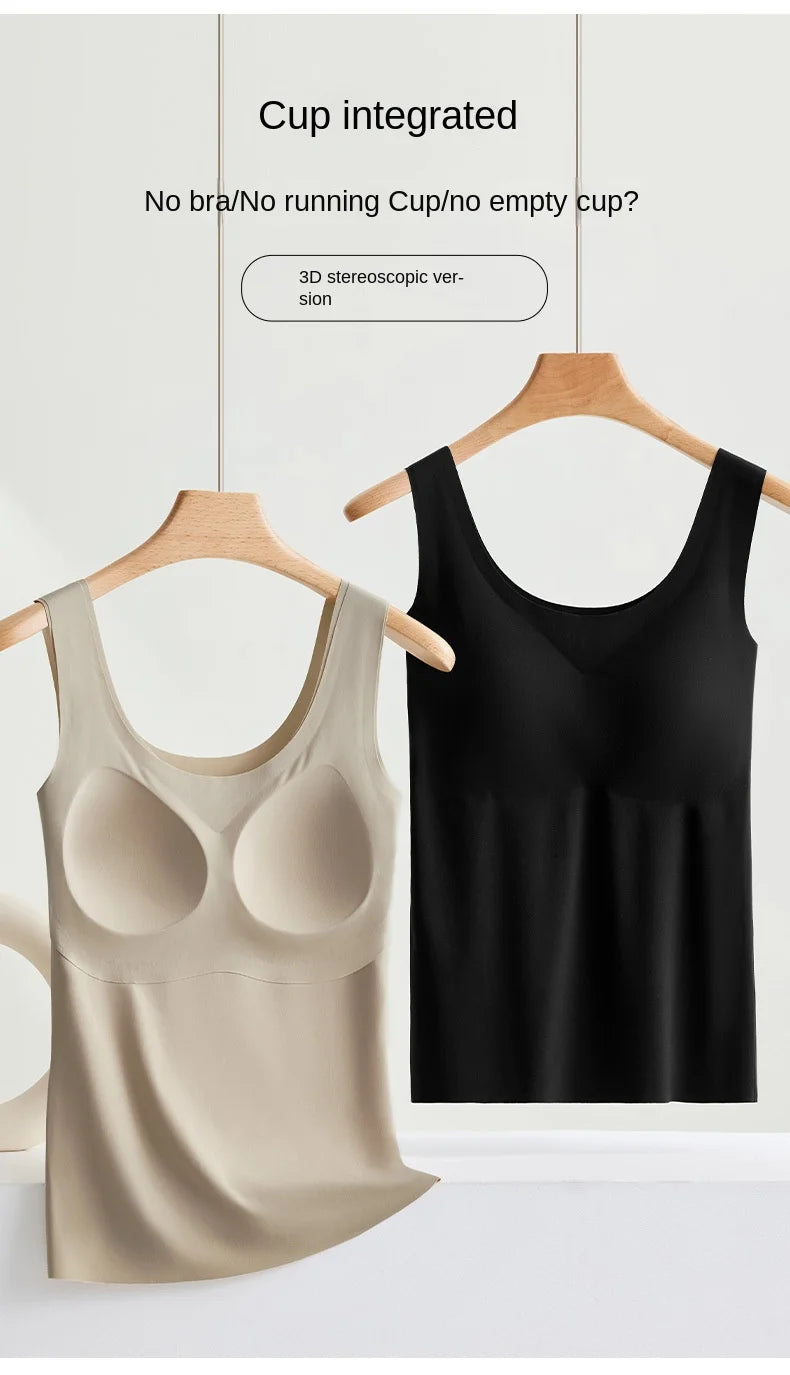 2 piezas/lote de camiseta sin mangas de seda sin costuras con almohadilla fija en el pecho para mujer, camisola sin mangas, ropa interior exterior, camisola de verano de alta elasticidad