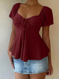 2026 Women Y2k Summer Tops V-Neck Drawstring Sexy Lace Up Short Sleeve Solid Color Shirts Female Elegant Casual Fashion Blouses