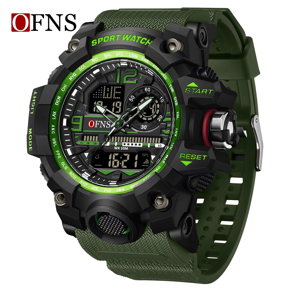 OFNS - Reloj de lujo estilo G para hombre, resistente al agua hasta 50 m, multifunción, deportivo, militar, de cuarzo, con LED digital