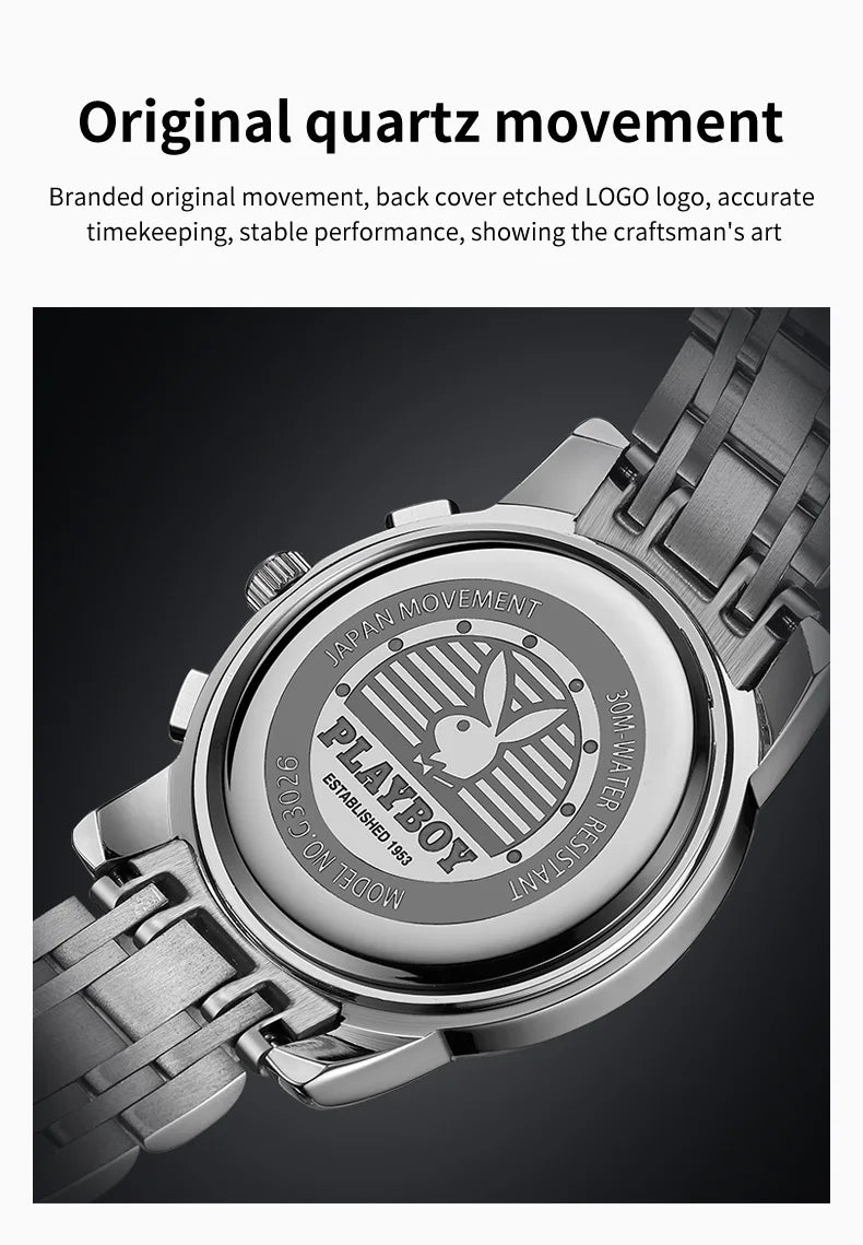 PLAYBOY Best Selling Fashion Luxury Quartz Watch for Men Original Stainless Steel Multifunction Waterproof Men's Wrist Watches
