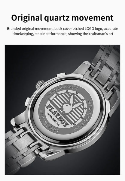 PLAYBOY Best Selling Fashion Luxury Quartz Watch for Men Original Stainless Steel Multifunction Waterproof Men's Wrist Watches