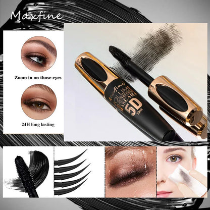 Máscara de pestañas de seda 5D con ojos grandes, contenido y longitud negros fuertes y duraderos, resistente al agua y antiaglomerante, y de duración prolongada.