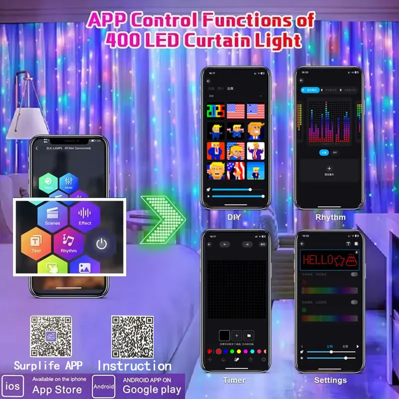 Cortina de luces inteligentes de 400 LED con Bluetooth y aplicación, cadena de luces LED RGB, luces de hadas DIY con cambio de música para decoración de ventanas y dormitorios.
