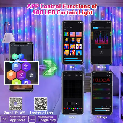 Cortina de luces inteligentes de 400 LED con Bluetooth y aplicación, cadena de luces LED RGB, luces de hadas DIY con cambio de música para decoración de ventanas y dormitorios.
