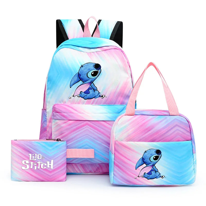 3pcs Disney Lilo Stitch Colorful Backpack with Lunch Bag for Women Student Teenagers Rucksack Casual School Bags Sets