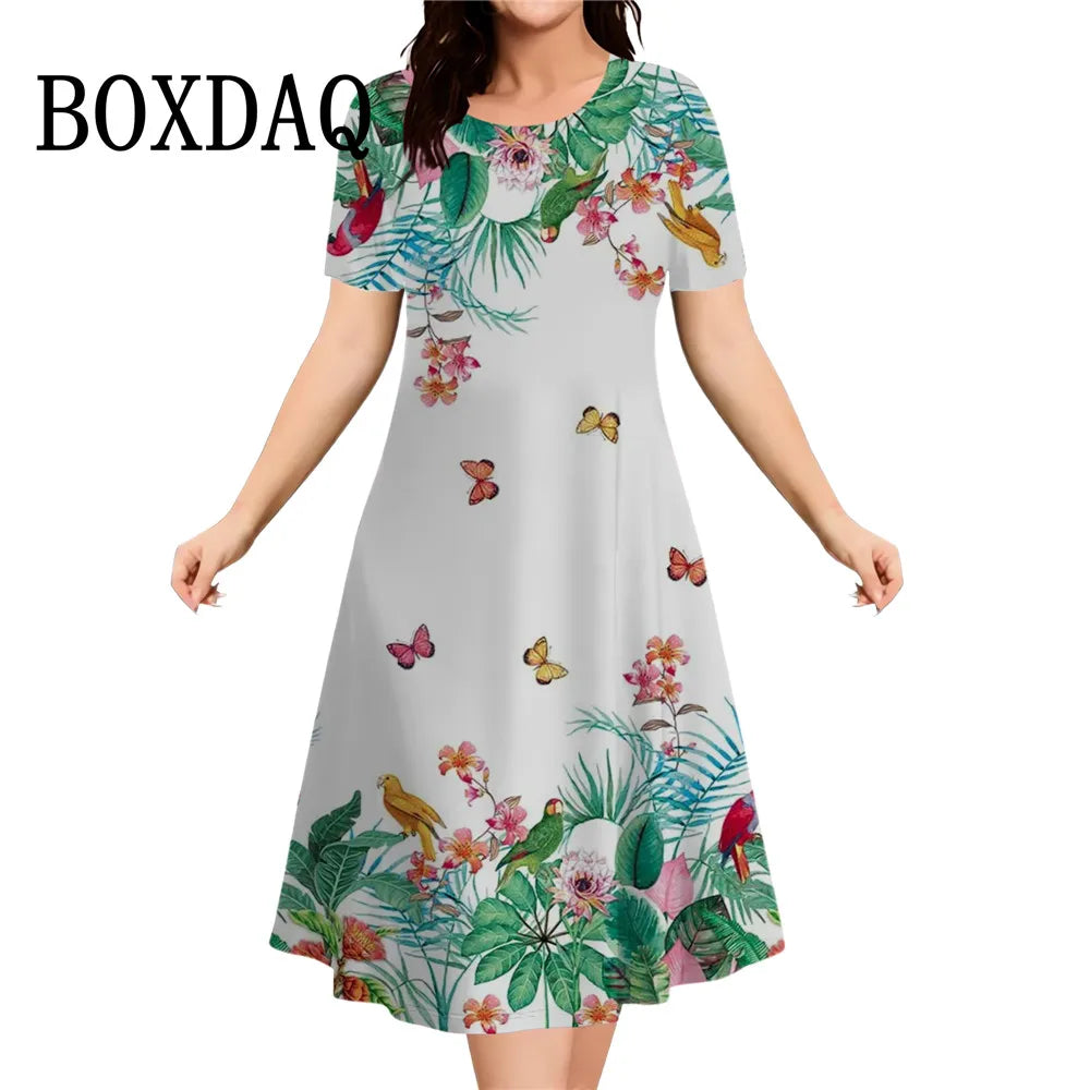 Fashion Elegant Women‘S Dresses Butterfly Flowers Print Dress Casual O-Neck Loose Plus Size Vacation A-Line Clothes 2026 Summer