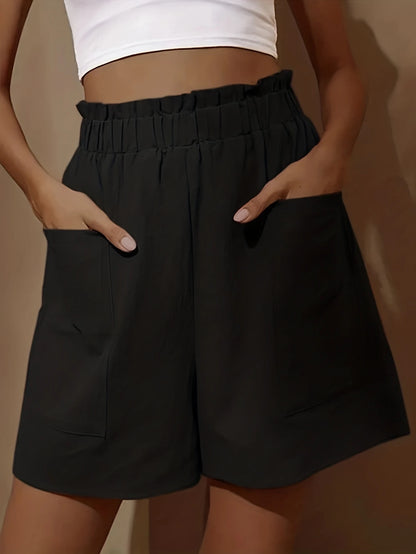 Plus Size Solid PaperBag Waist Pocket Shorts Casual Loose Pants For Spring & Summer Women's Plus Size Clothing