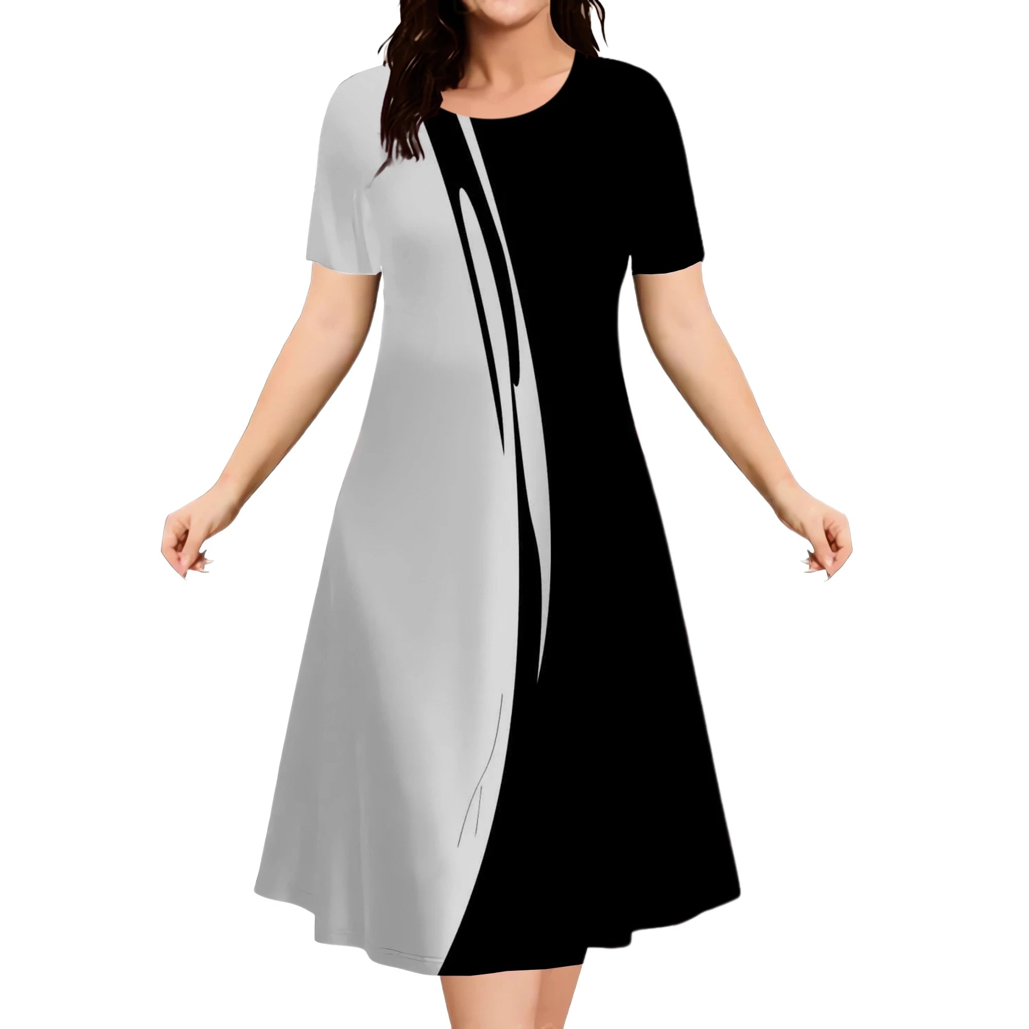 2025 Summer Women Dress Fashion Plus Size Short Sleeve Dress Black White Contrast Color Loose A-Line Dress Big Size 9XL Clothing