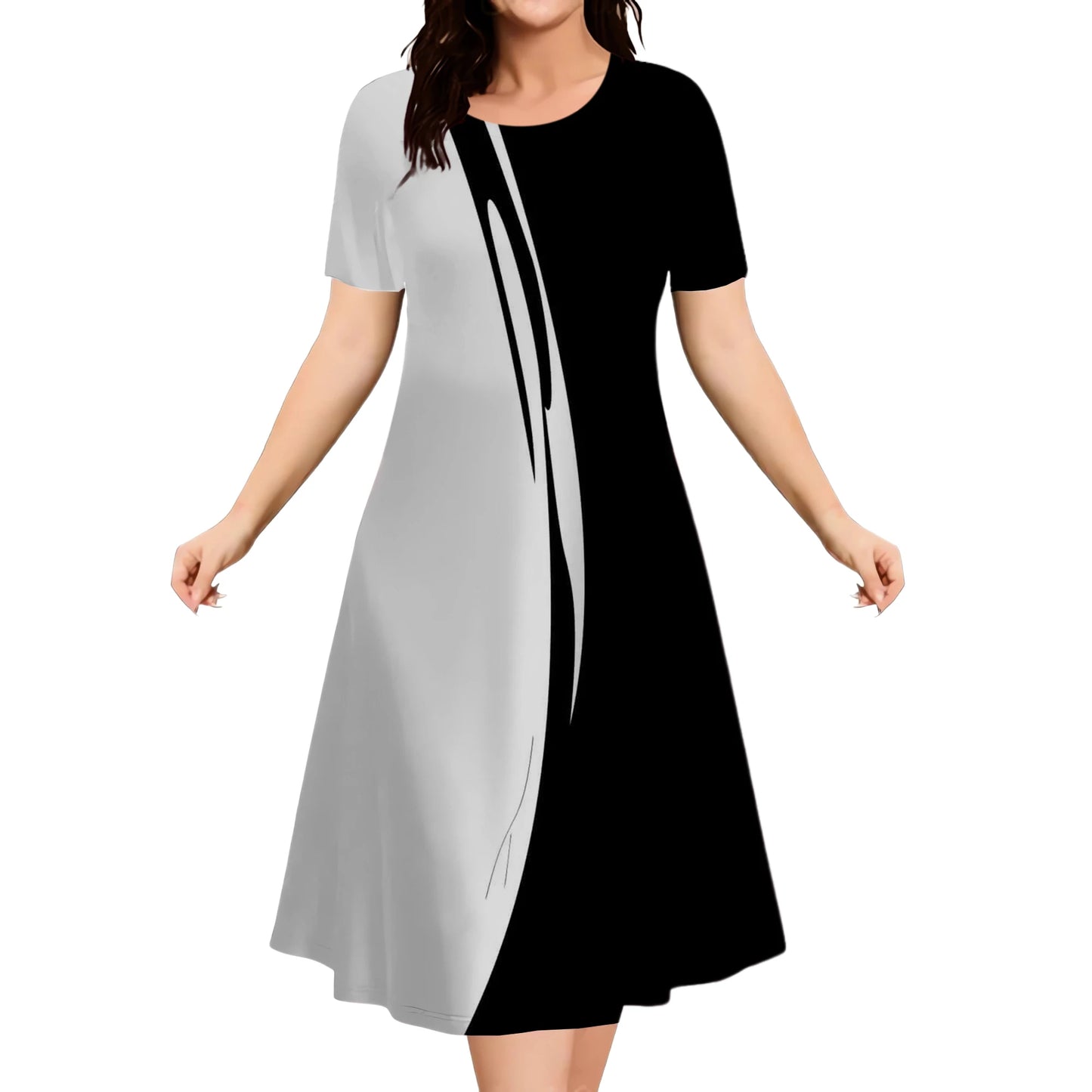 2025 Summer Women Dress Fashion Plus Size Short Sleeve Dress Black White Contrast Color Loose A-Line Dress Big Size 9XL Clothing
