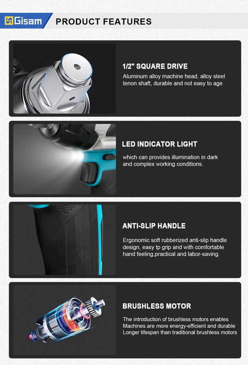 Gisam 1800N.M Torque Brushless Electric Impact Wrench 1/2 inch Screwdriver Cordless Wrench Power Tool For Makita 18V Battery Pin