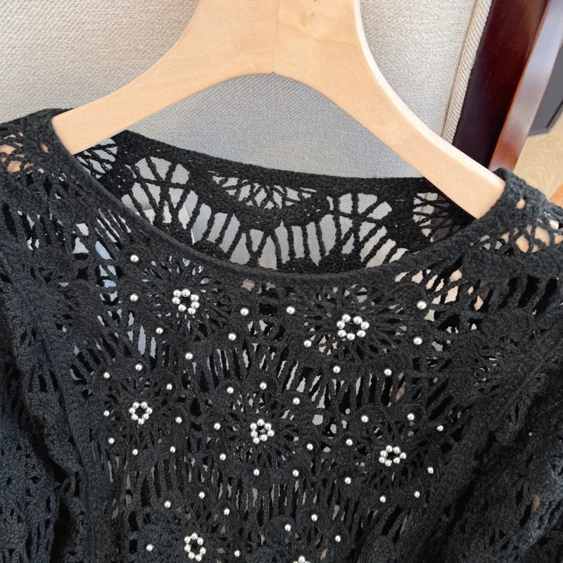 Casual Long Sleeve Elegant cardigan Beading O-neck Chic Vintage Hook Flower Hollow Out Top Plus Size Clothing