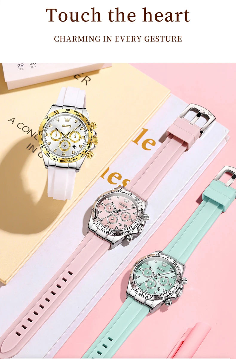 Relógio feminino de Olevs de luxo pulseira de silicone cronógrafo multifuncional calendário a prova de agua 5618