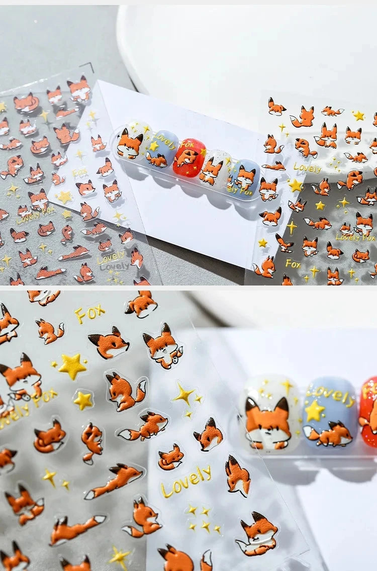 Lovely Red Fox Cartoon 5D Soft Reliefs Self Adhesive Nail Art Stickers Cute 3D Nail Decoration Decals Wholesale Dropshipping
