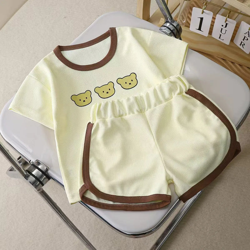 Summer Children Korean Style Clothing Set for Boys and Girls Short-sleeved Shorts Casual Sportswear Cute Bear 2Pcs
