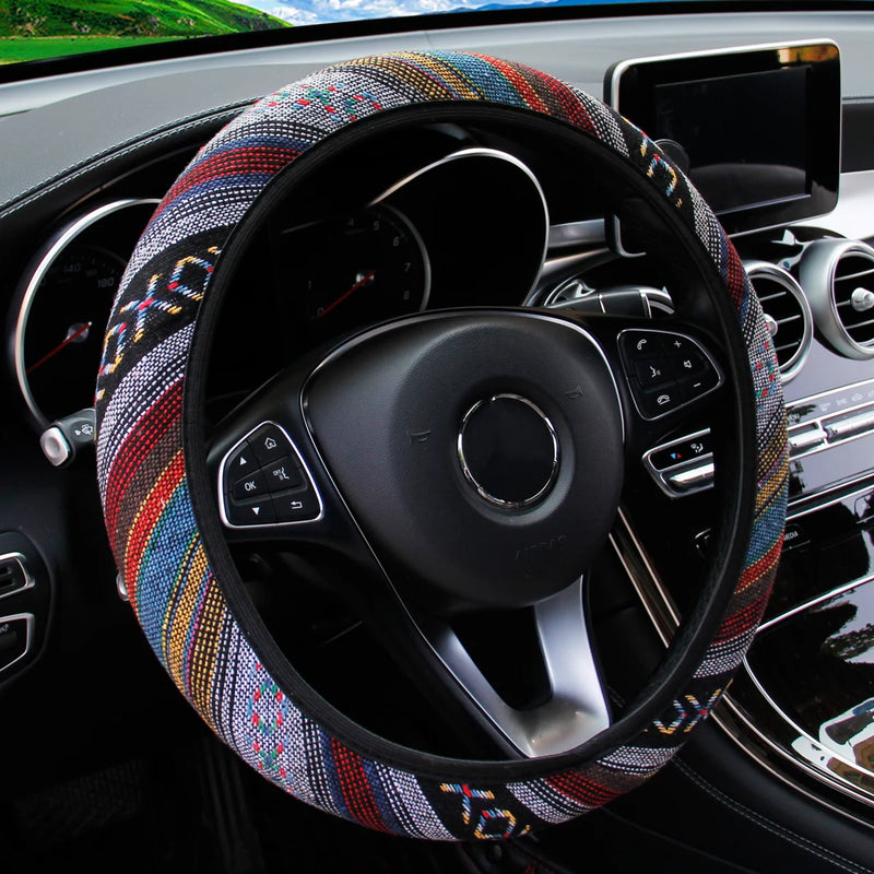 1 linen breathable fabric Bohemian style automotive supplies without inner ring steering wheel cover fits 14.5-15 inches