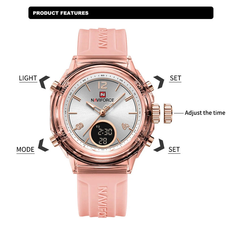 Relojes NAVIFORCE para mujer, nuevo diseño, esfera pequeña, deportivos, para mujer, resistente al agua hasta 5 ATM, reloj de pulsera de cuarzo con pantalla LCD digital, reloj para mujer