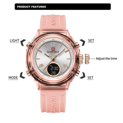 Relojes NAVIFORCE para mujer, nuevo diseño, esfera pequeña, deportivos, para mujer, resistente al agua hasta 5 ATM, reloj de pulsera de cuarzo con pantalla LCD digital, reloj para mujer