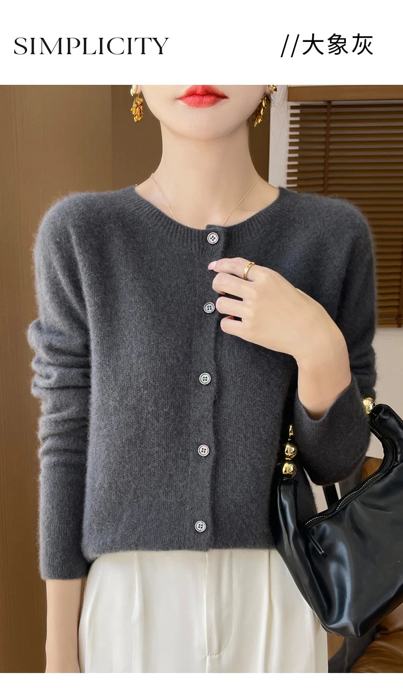 100% Merino Wool Long Sleeve Sweaters Cashmere Cardigan Spring Autumn Women O-Neck Knitwear Tops Clothing Fashion Basic Tops