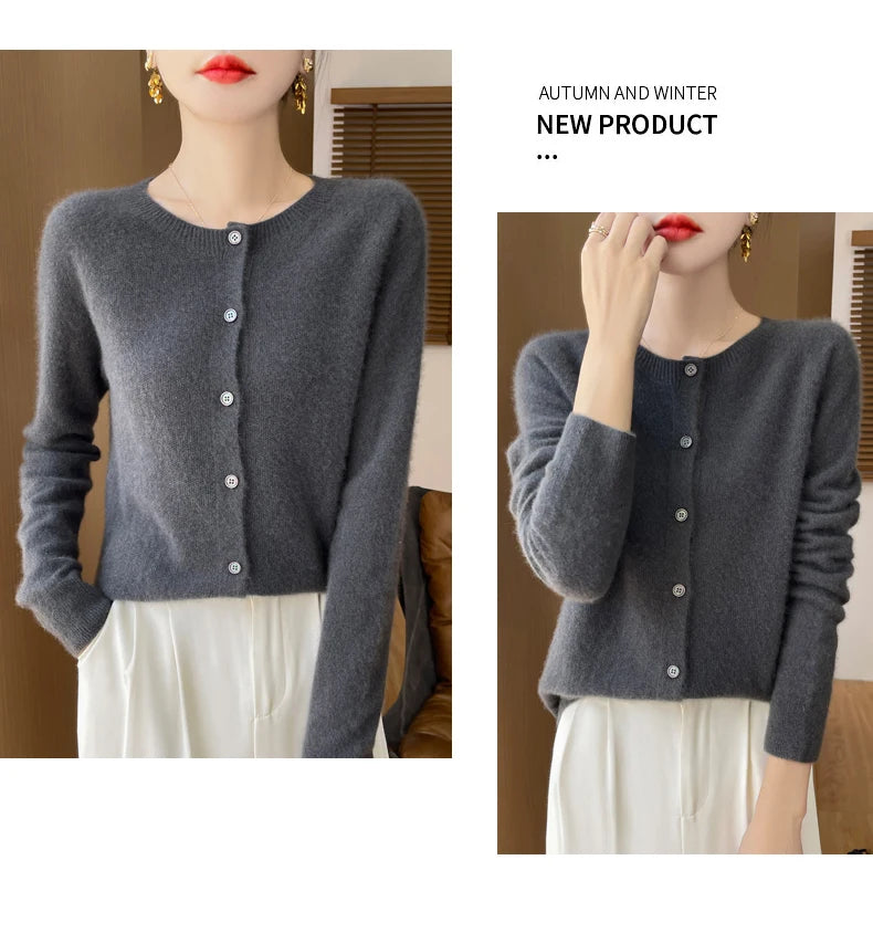 100% Merino Wool Long Sleeve Sweaters Cashmere Cardigan Spring Autumn Women O-Neck Knitwear Tops Clothing Fashion Basic Tops