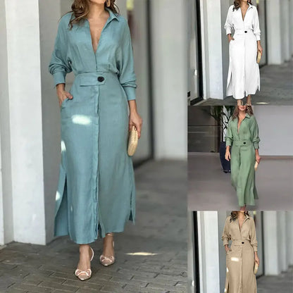 Women Dress 2025 Autumn New Fashion Elegant Long Sleeve Leisure Time Solid Color V Neck Sexy Ladies Shirt Dresses MsChuh S-3XL