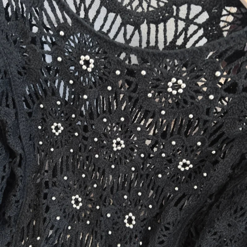 Casual Long Sleeve Elegant cardigan Beading O-neck Chic Vintage Hook Flower Hollow Out Top Plus Size Clothing