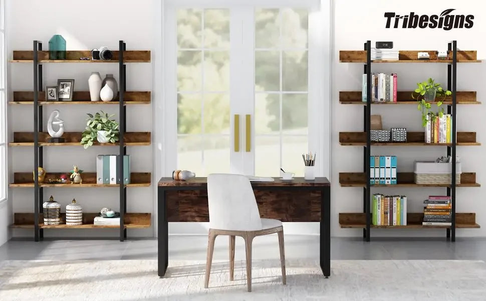 Tribesigns Bookshelf Storage Rack Standing Shelf 5 Tier Industrial Sturdy Bookshelf with Iron Pipe Frame