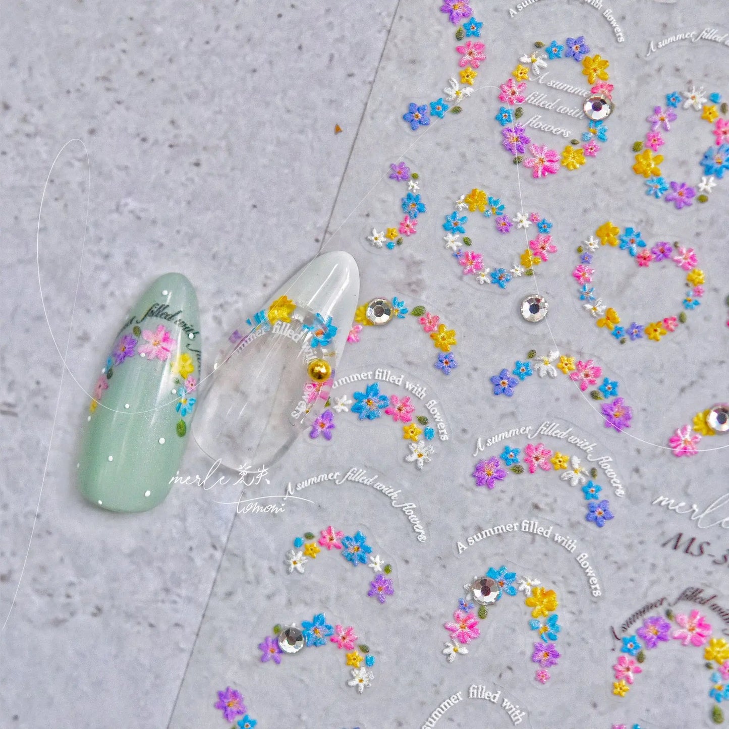 Colorful Sparkling Glass Fragment Spring Wildflowers High Quality Adhesive Flash Nail Stickers Art Decorations Design T-3784