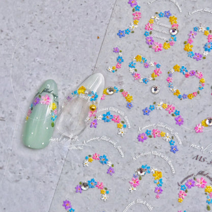 Colorful Sparkling Glass Fragment Spring Wildflowers High Quality Adhesive Flash Nail Stickers Art Decorations Design T-3784