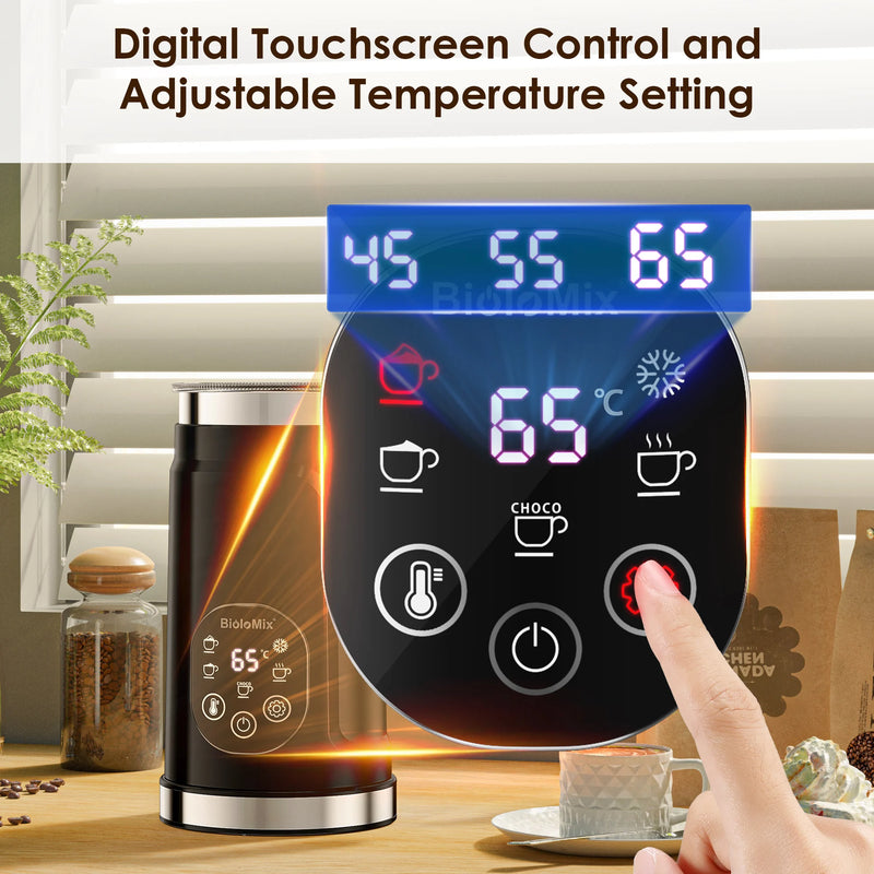 BioloMix Upgraded 5-in-1 LED Touch Screen Milk Frother for Lattes, Hot And Cold Foam Maker