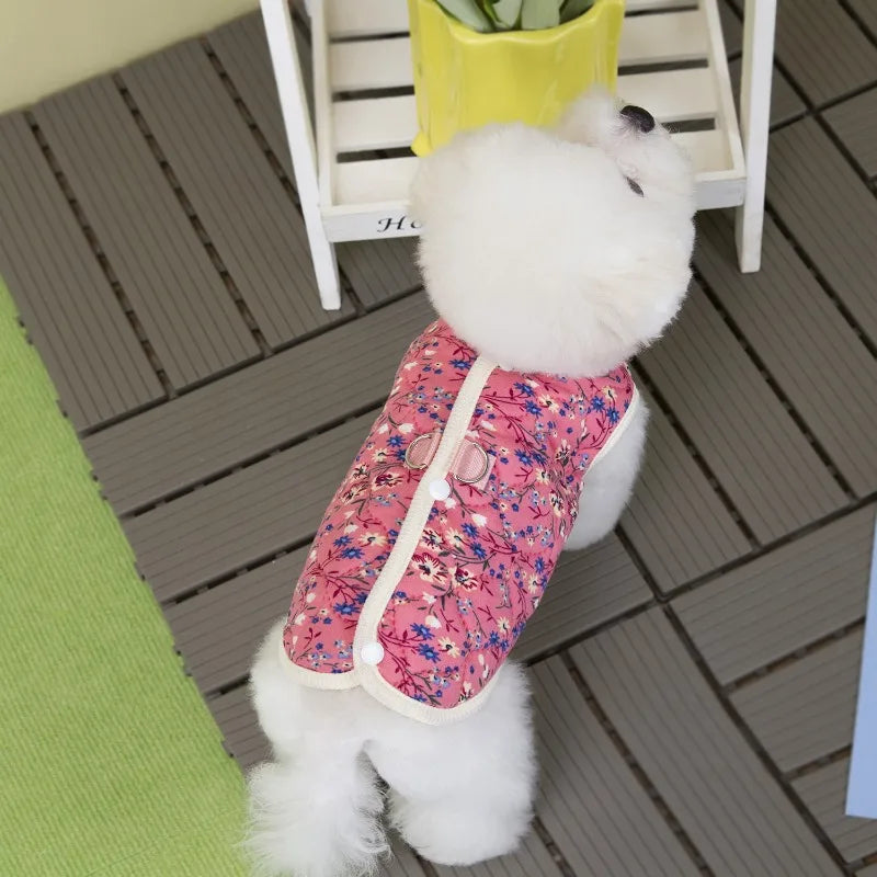 Winter Flower Pattern Pet Jacket Pet Dog Costume Navy Pink Sleeveless Vest Jacket Warm Comfortable Floral Cotton Vest Small Dog