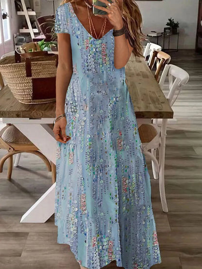 2024 aliexpress europa e américa plus size feminino cross border verão nova moda impressão vestido com decote em v