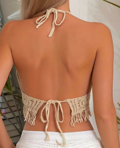 Vest Short Tank Women's Boho Fringe Backless Halter Tie Neck Underwear Outerwear with Neck Hanging Embroidery Tassel Suspender