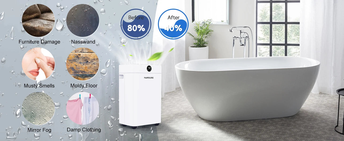 Dehumidifier 20 L, Dehumidifier Cellar Rooms with Digital Display, 24H Timer, Automatic Defrosting, Dry Clothes, Continuous Drai