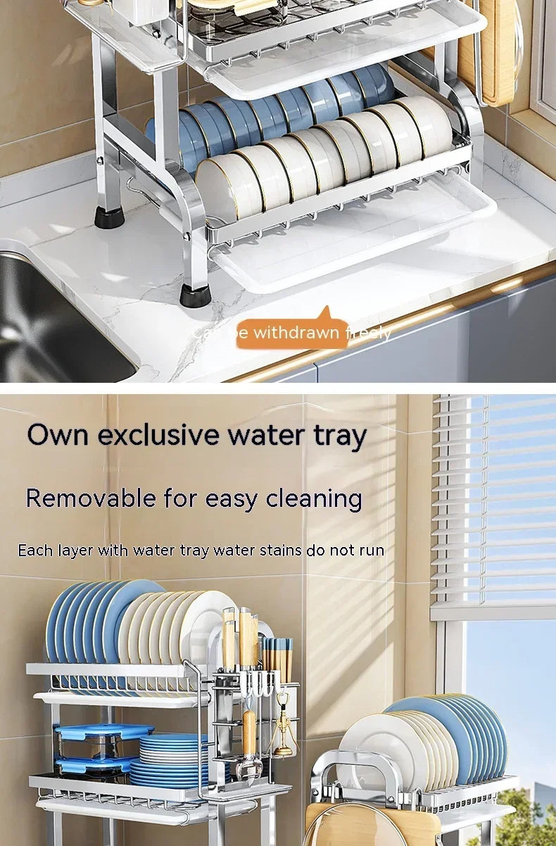 High Quality Kitchen Utensil Storage Rack Household Countertop Storage Rack 3-Layer Cupboard Multifunctional Utensil Drain Rack