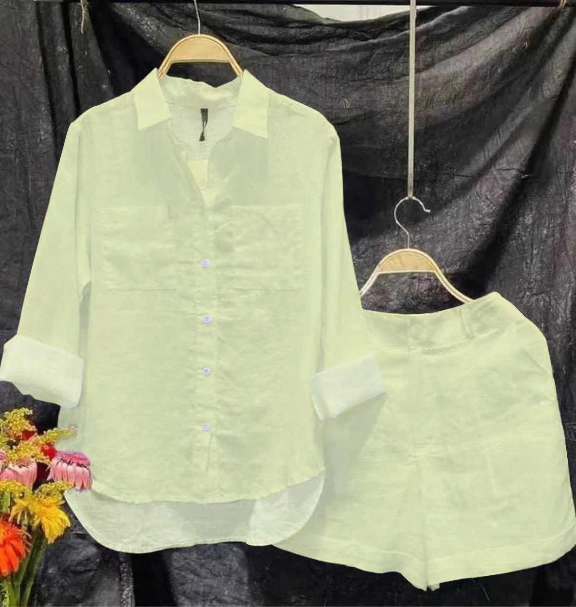 Conjunto informal de dos piezas de lino y algodón para mujer, moda de verano 2024, camisa de manga larga blanca y pantalones cortos, chándal de dos piezas