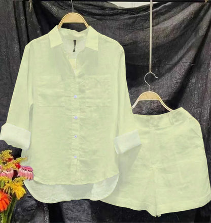 Conjunto informal de dos piezas de lino y algodón para mujer, moda de verano 2024, camisa de manga larga blanca y pantalones cortos, chándal de dos piezas