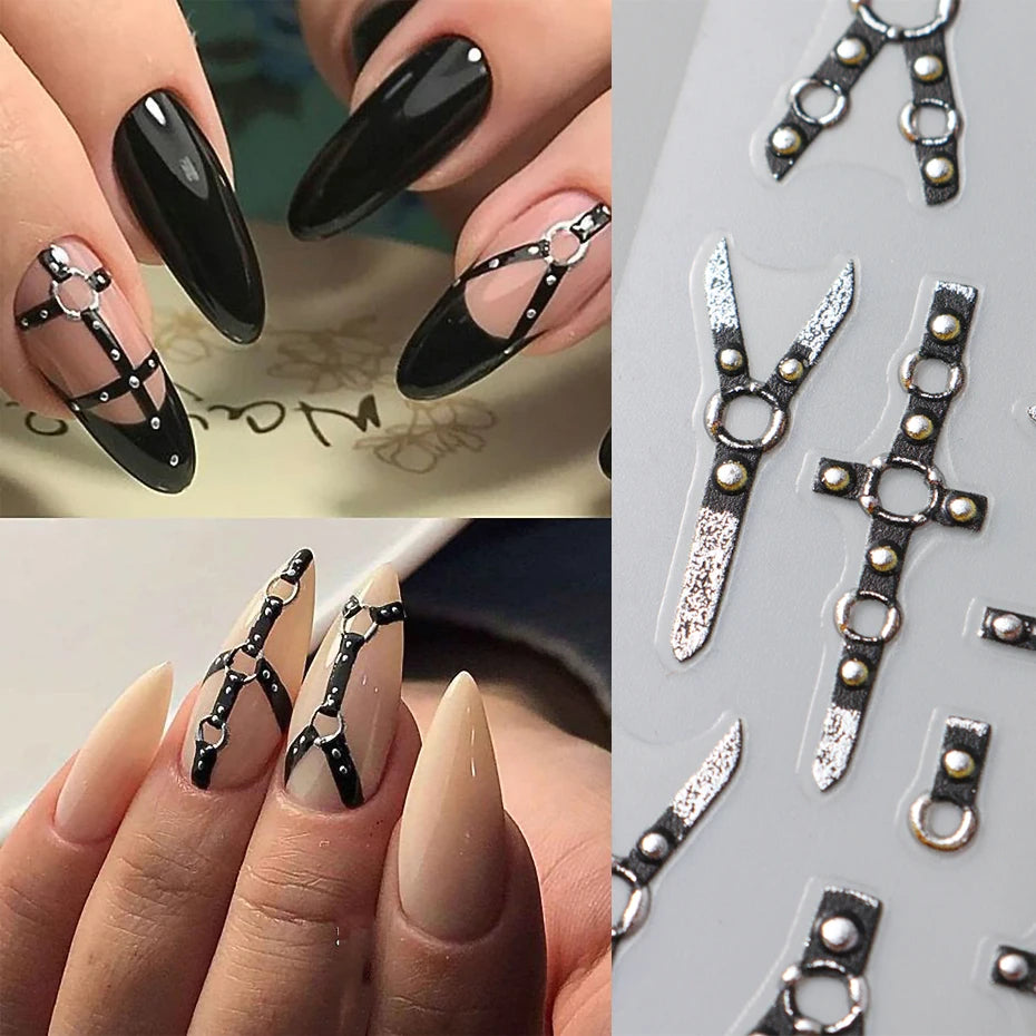 Cinturón negro 5D pegatinas en relieve gótico Halloween estilete calabaza calavera telaraña cremallera manicura uñas gel autoadhesivo decoración