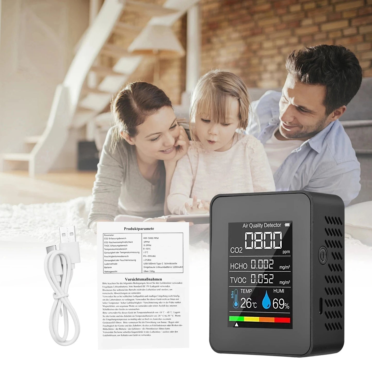 5 in 1 Digital Air Quality Monitor CO2 HCHO TVOC Humidity and Temperature Monitor CO2 Tester LCD Rechargeable