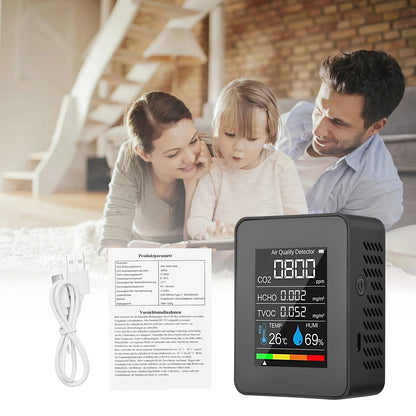 5 in 1 Digital Air Quality Monitor CO2 HCHO TVOC Humidity and Temperature Monitor CO2 Tester LCD Rechargeable