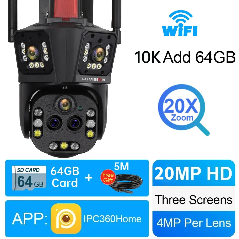 LS VISION 10K Outdoor WiFi Camera 20X Zoom Three Screen CCTV External IP Cam 20MP Security Ai Tracking Video Surveillance Camera