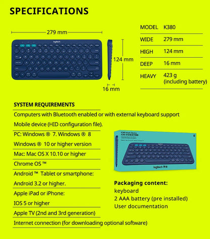 Logitech K380 Wireless Bluetooth Network Red Keyboard Tablet iPad Office