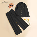 ZANZEA Plus Size 5XL Womens Casual Pant Suits Long Sleeve Shirt & Elastic Waist Pant 2 Pieces Sets Spring Solid Color Outfits
