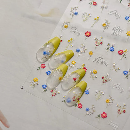 Colorful Sparkling Glass Fragment Spring Wildflowers High Quality Adhesive Flash Nail Stickers Art Decorations Design T-3784