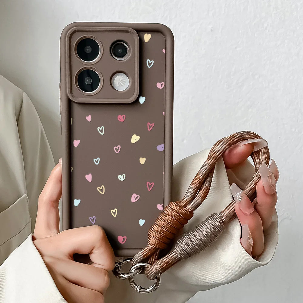 Wrist Chain Lanyard Case For Xiaomi 14T 13T 12T 11T 15 14 12 13 Pro Lite Poco X7 X6 X5 F5 F6 Pro Colorful Love Heart Cover