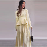 Solid Yellow Pant 2 Piece Set Women's Full Sleeves Buttons Waist-cinching Coats Wide-leg Trousers 2026 New Ladies Autumn Outfit